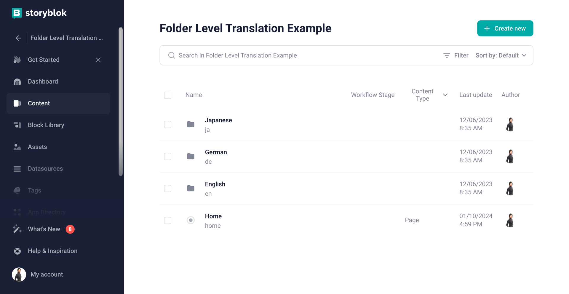 A screenshot of Storyblok UI displaying Japanese, German and English folders to separate different localized content as well as creating localized sub-directory structures